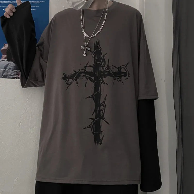 Attitoon Punk Wing Cross Pattern Long Sleeve Tee