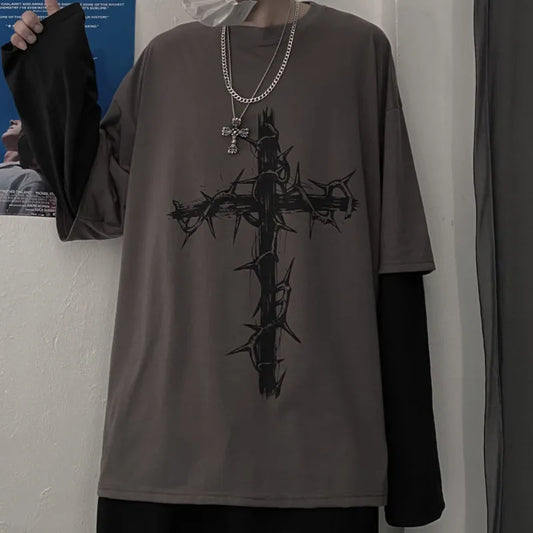 Attitoon Punk Wing Cross Pattern Long Sleeve Tee