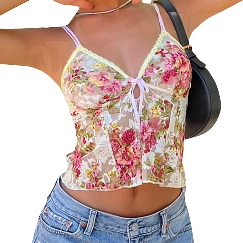 Ezwear Y2K Grunge Vintage Floral Mesh Camisole