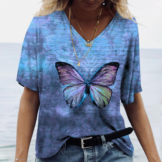 Y2K Butterfly Print V-Neck T-Shirt ( Navy Blue )
