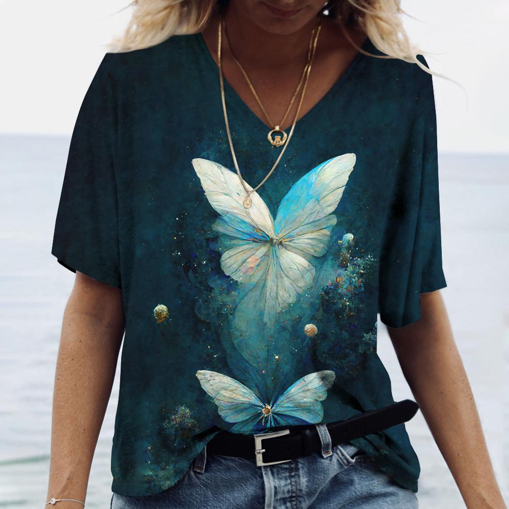 Y2K Butterfly Print V-Neck T-Shirt ( Navy Blue )