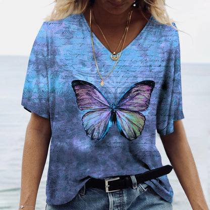 Y2K Butterfly Print V-Neck T-Shirt ( Navy Blue )
